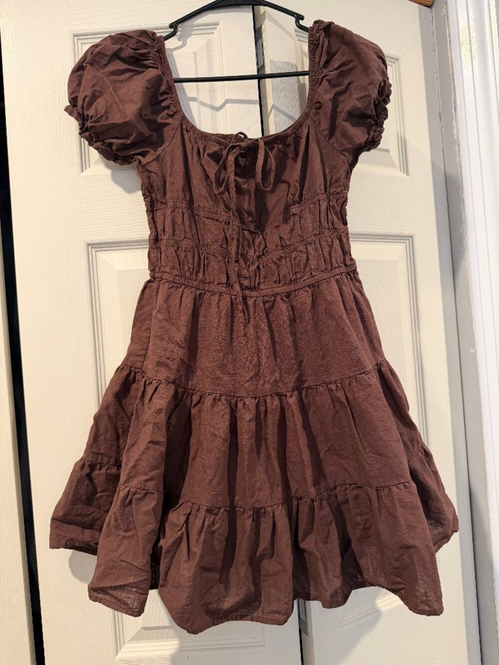 SHEIN Brown Puff Sleeve Smocked Tiered Babydoll Mini Dress Small